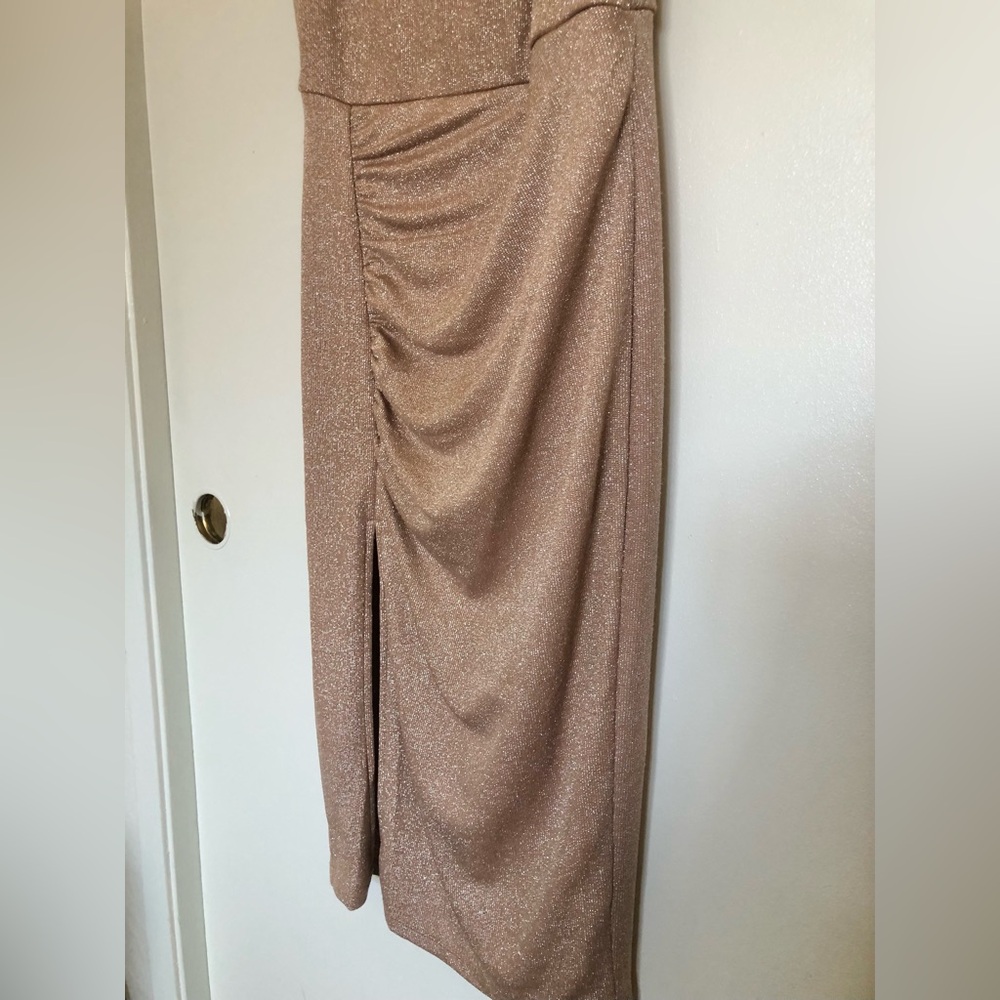 Forever 21 Gold Shimmer Ruched Side Slit Midi Dress NWOT - Picture 5 of 7